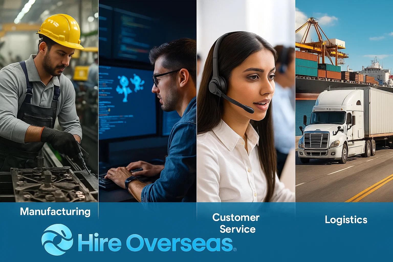 Illustration showing key industries benefiting from nearshoring in Latin America: manufacturing, IT, customer service, and logistics