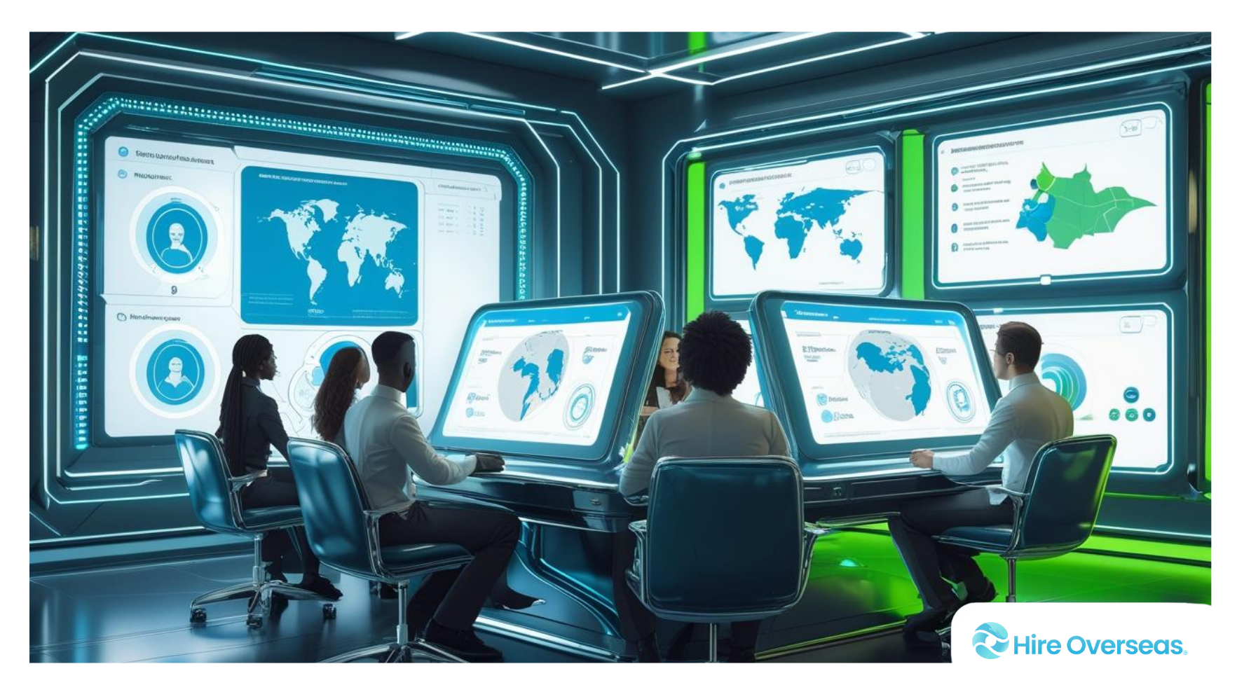 Illustration of futuristic AI-powered recruitment control center with global talent data.