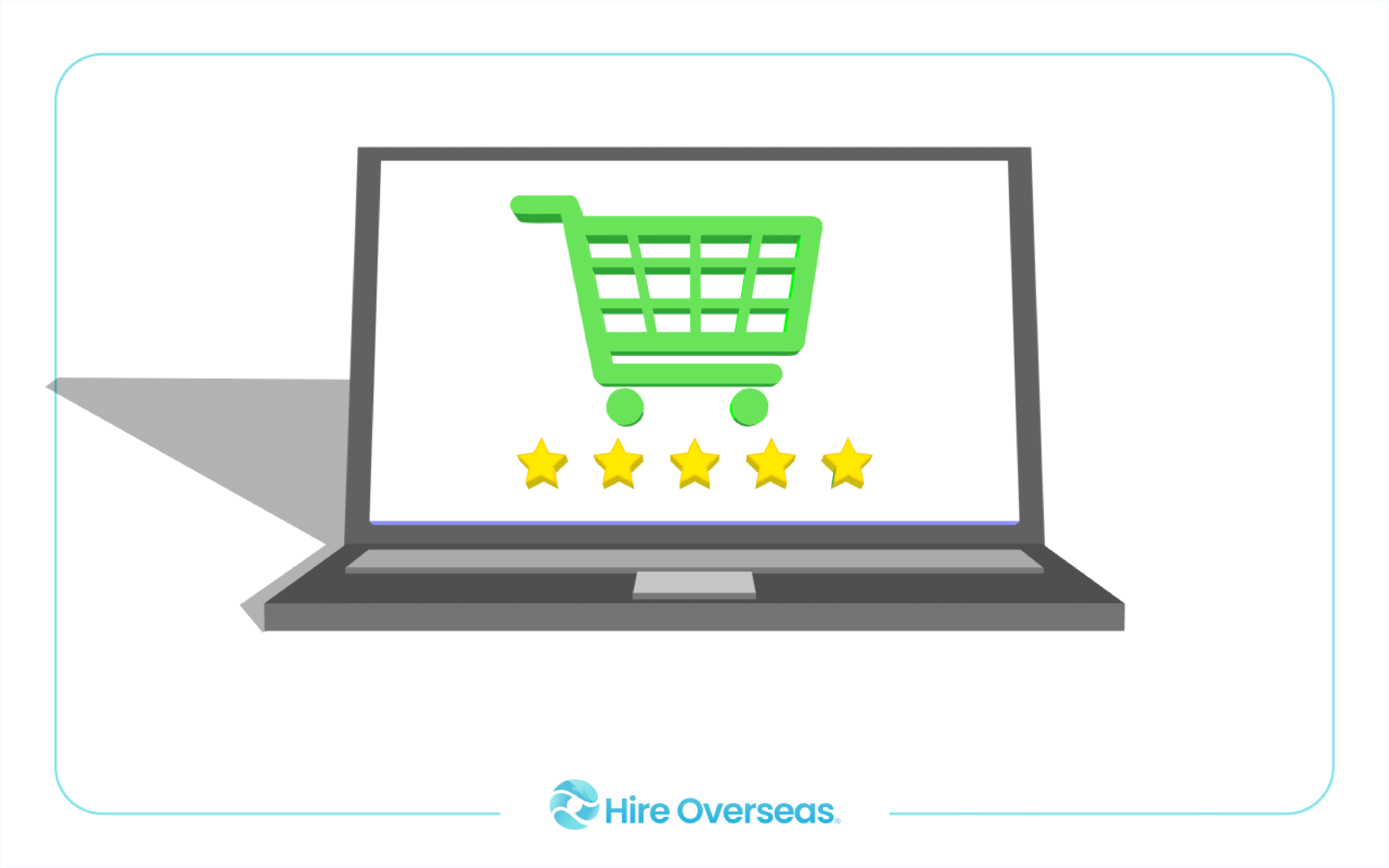 Laptop showing a green shopping cart above five gold star ratings