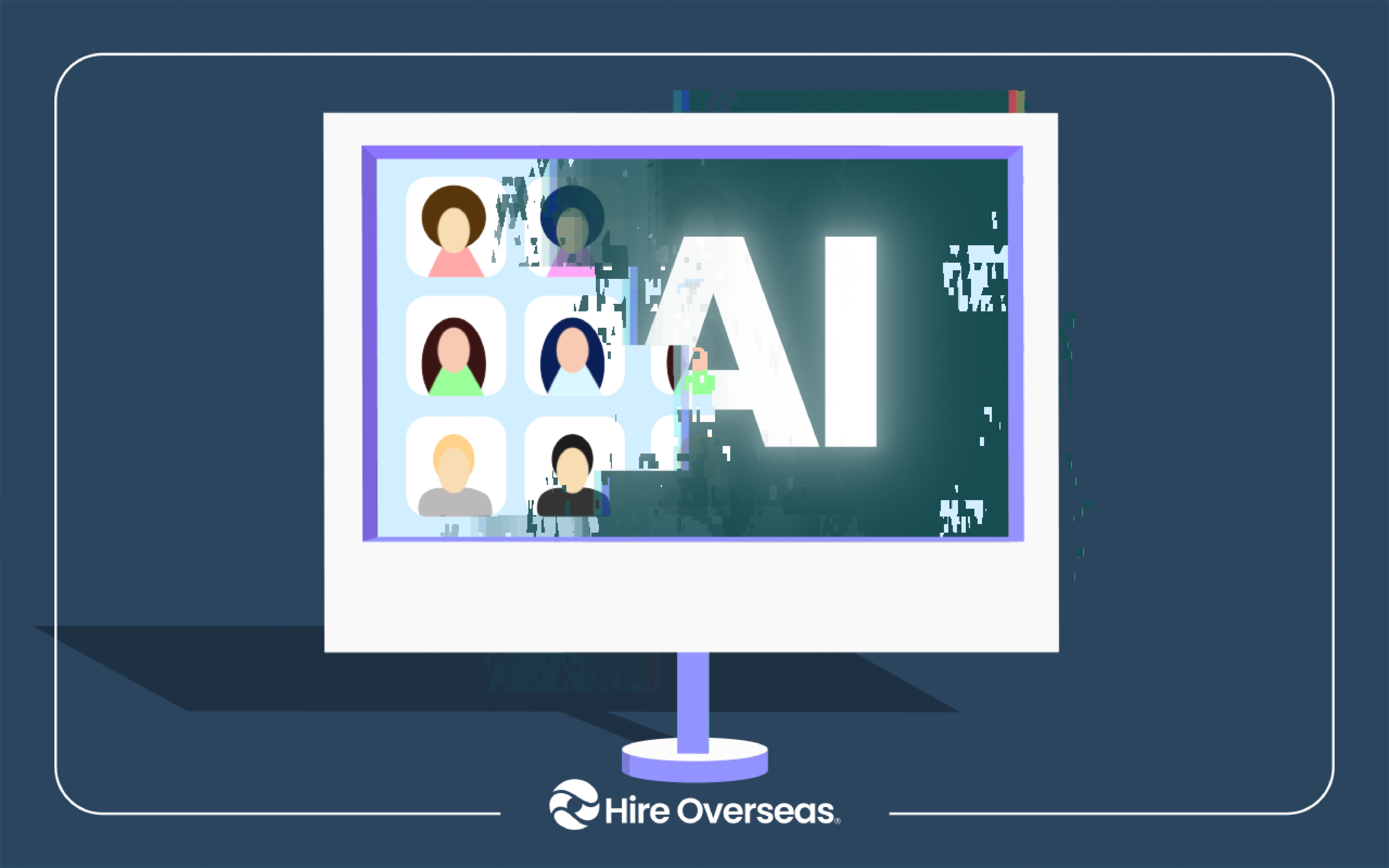 Monitor showing a grid of worker avatars beside glowing AI letters