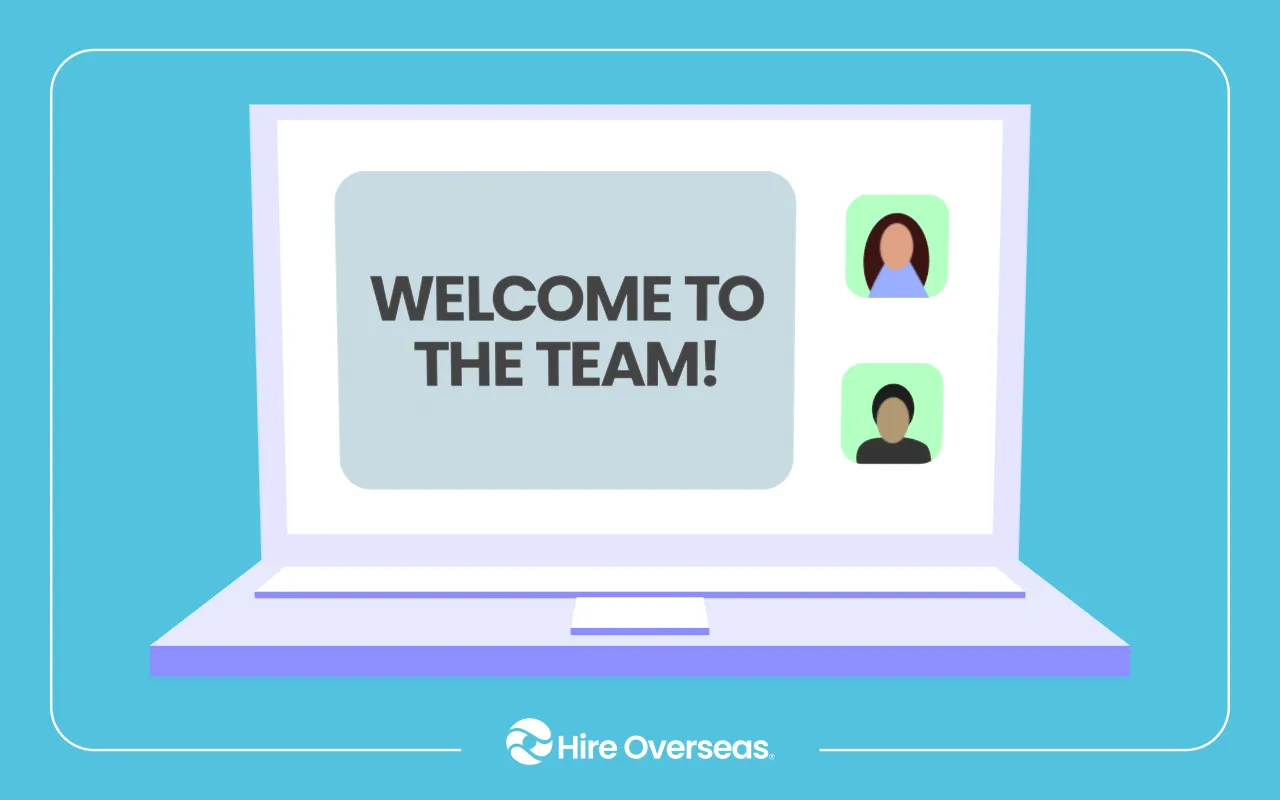 Laptop video call showing Welcome to the Team message beside two participant avatars
