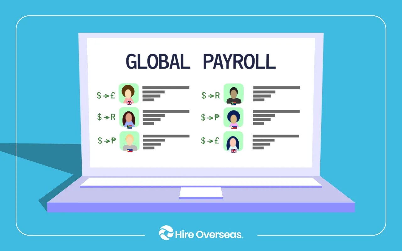 Laptop headed Global Payroll showing employees paid in different currencies by country