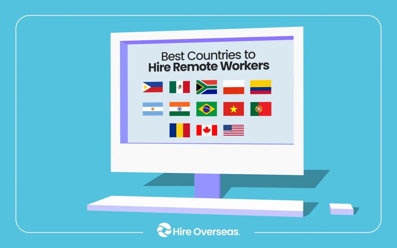 Monitor headed Best Countries to Hire Remote Workers displaying thirteen national flags