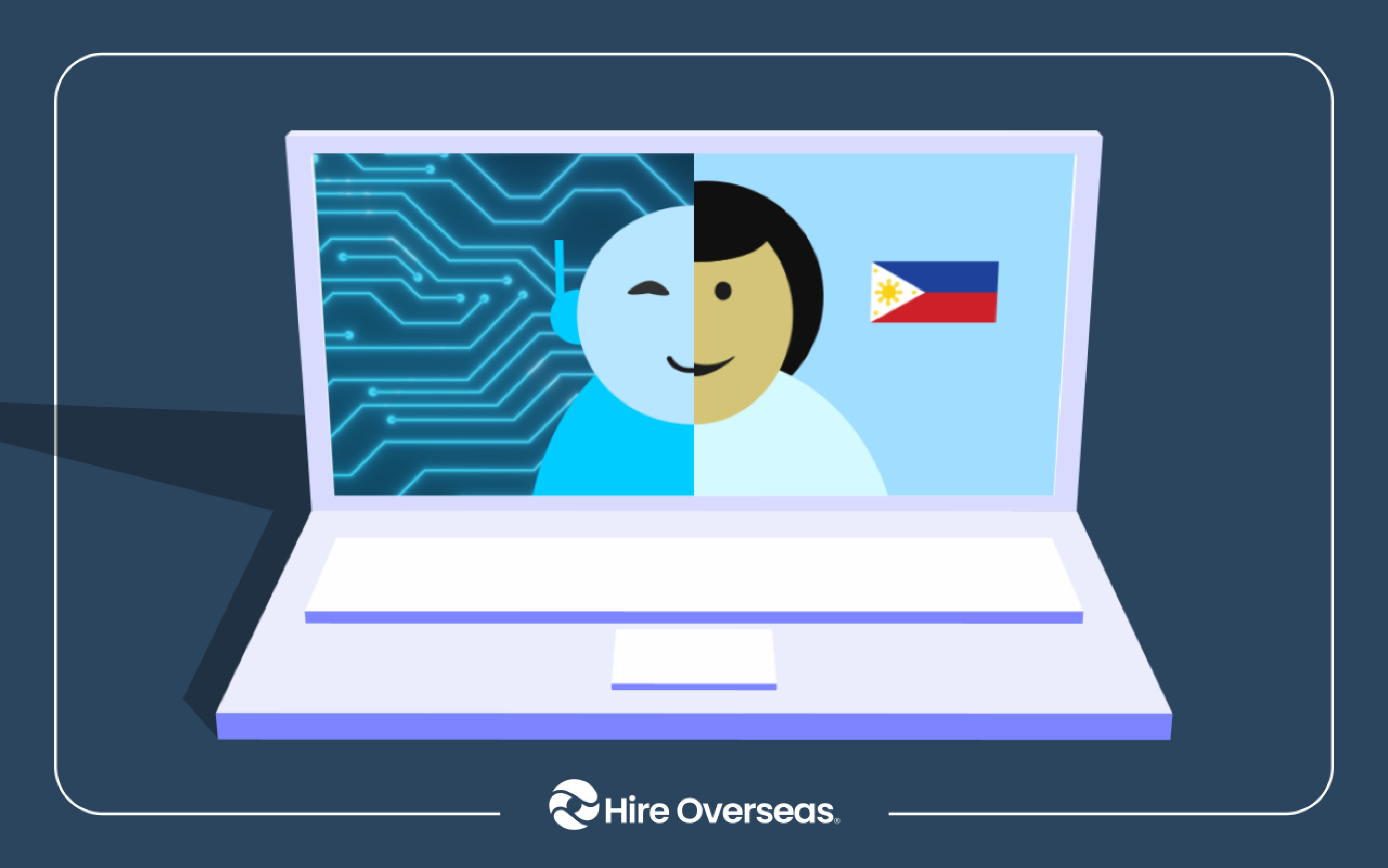 Laptop showing a face split between an AI robot half and a human half beside the Philippine flag