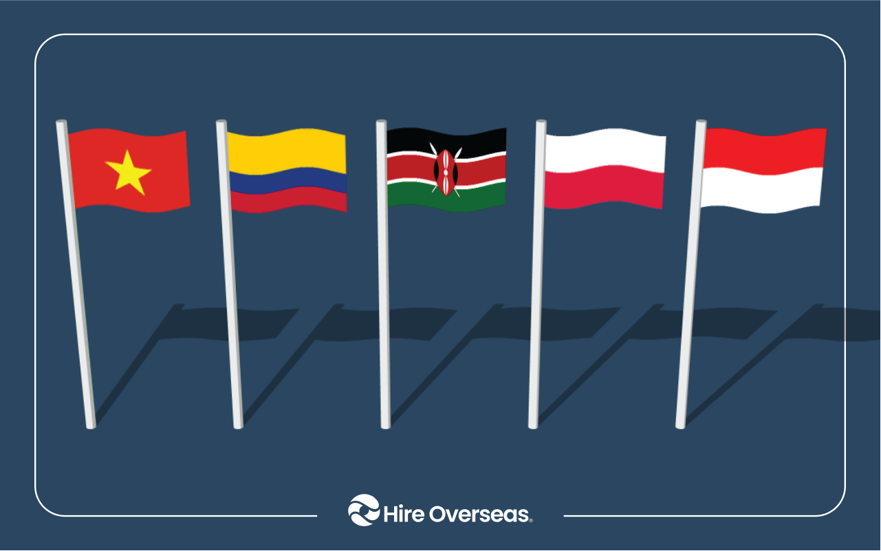 Flags of Vietnam, Colombia, Kenya, Poland and Indonesia on poles