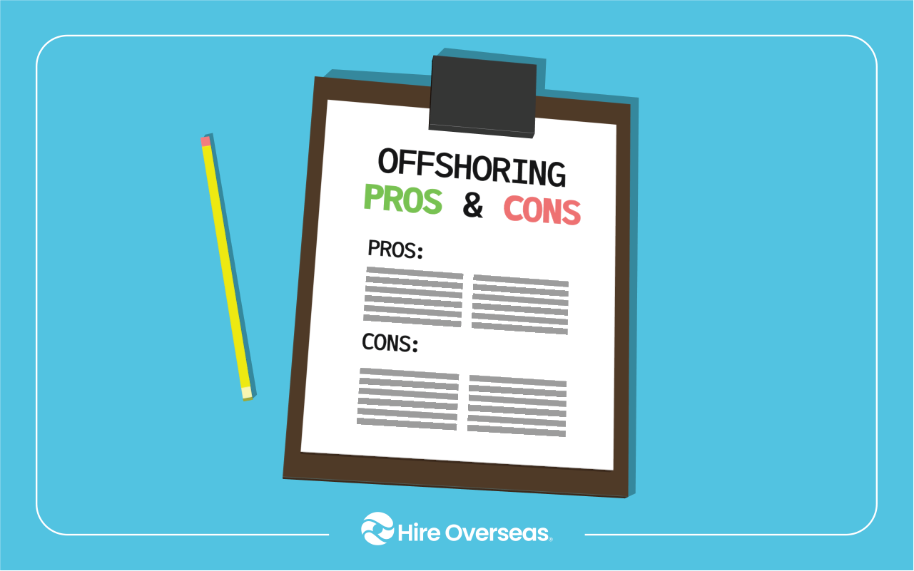 Clipboard headed Offshoring Pros and Cons with pencil and two-column checklist