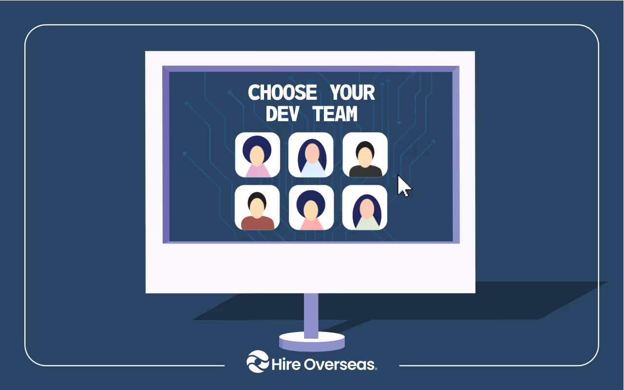 Monitor screen reading Choose Your Dev Team above a grid of six developer avatars