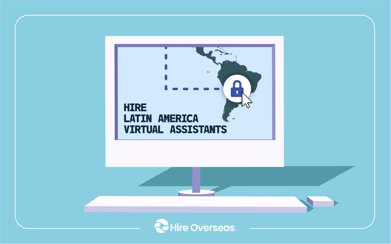Illustration of a computer monitor displaying a map of Latin America with the text 'Hire Latin America Virtual Assistants,' alongside a cursor clicking a security lock icon, representing secure remote hiring and outsourcing services from Latin America.