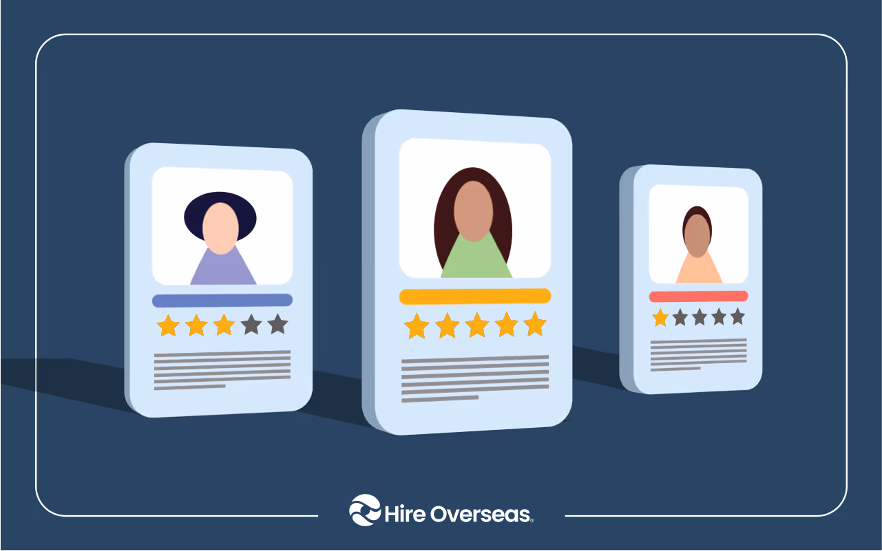 Three candidate profile cards with star ratings, the top-rated one centered largest