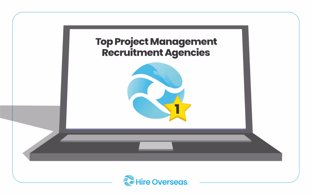 Laptop titled top project management recruitment agencies with number one star badge on logo