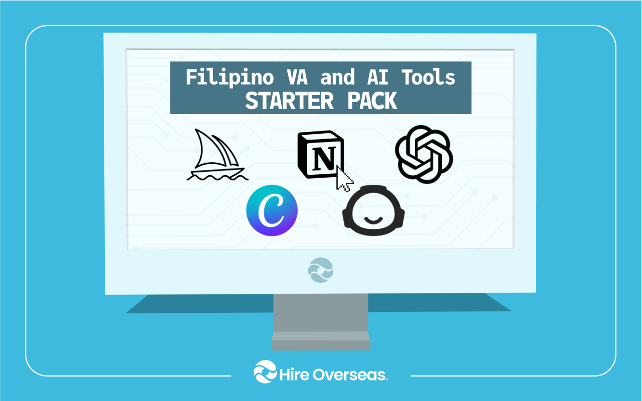 Monitor showing a Filipino VA and AI tools starter pack with several app logos
