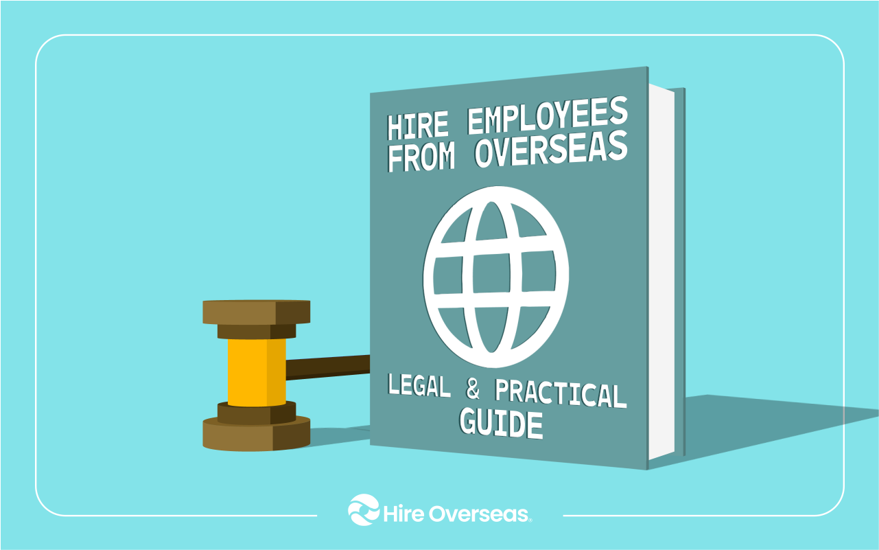 Book with a globe icon titled a legal and practical hiring guide beside a wooden gavel
