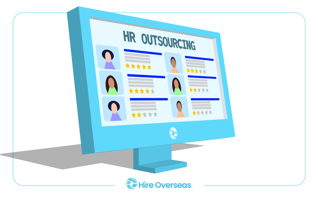 Monitor headed HR Outsourcing showing candidate profiles with star ratings