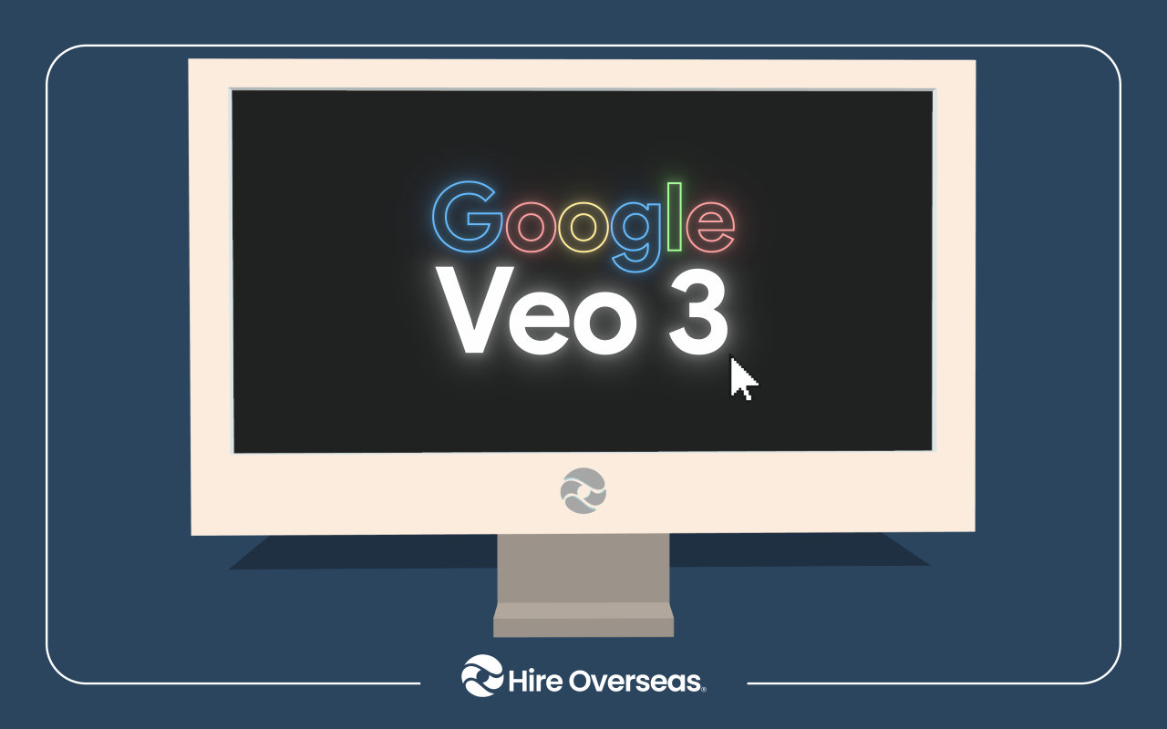 Desktop monitor displaying a glowing neon Google Veo 3 logo on a dark screen