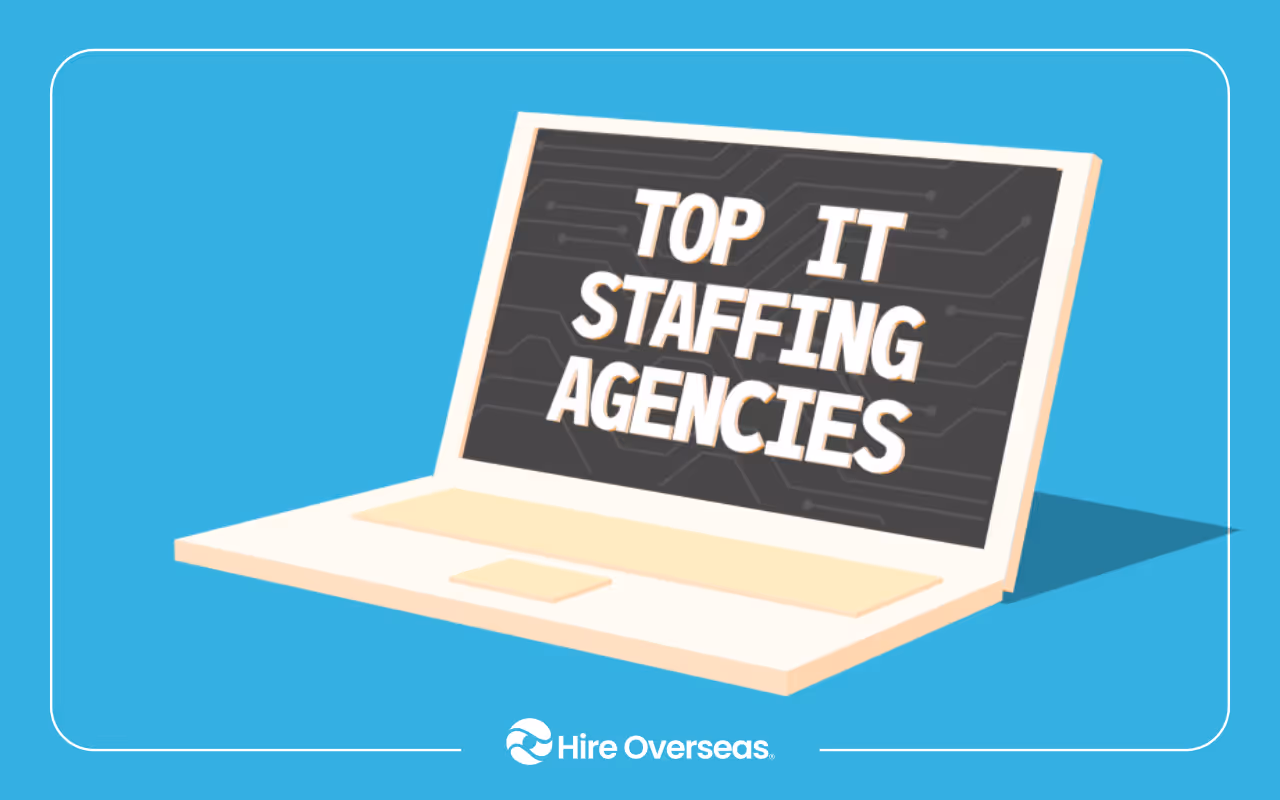 Laptop screen displaying top IT staffing agencies over a circuit pattern