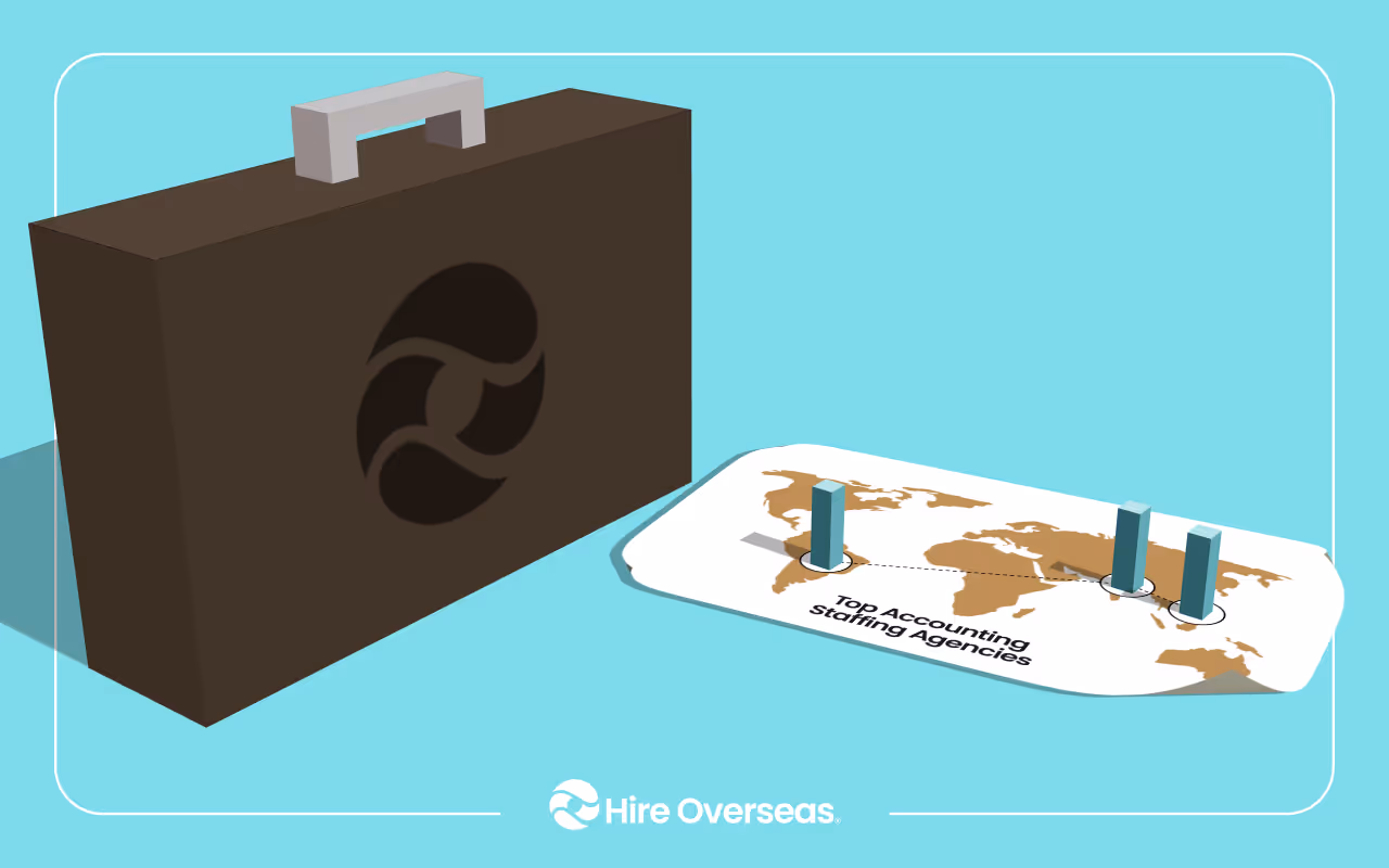 Dark briefcase beside a world map marking top accounting staffing agencies across countries