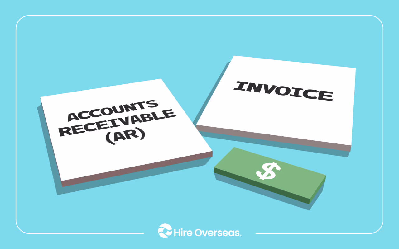 Paper stacks labeled accounts receivable and invoice beside a bundle of cash