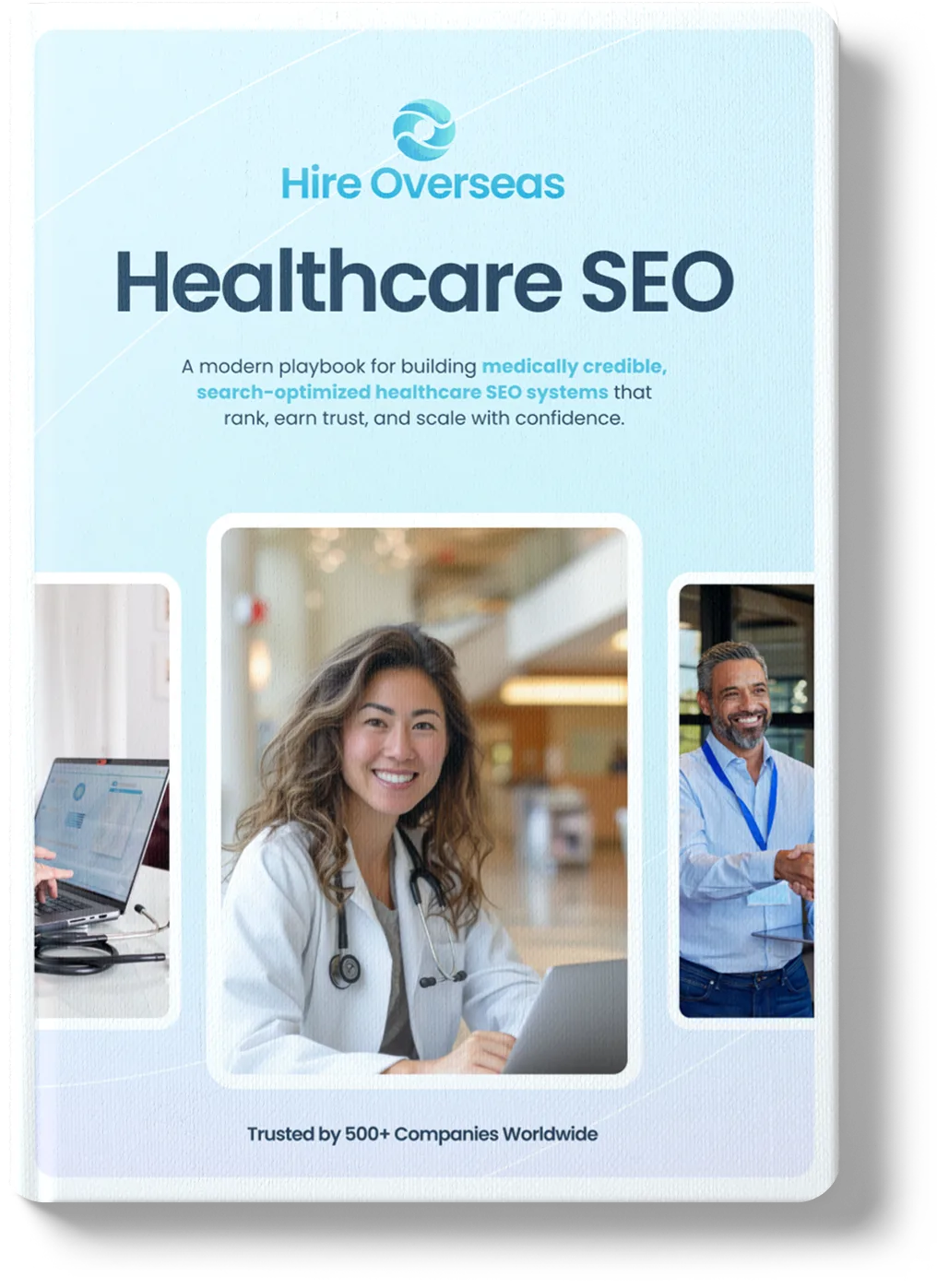 Hire Overseas Healthcare SEO ebook cover with smiling doctor in white coat