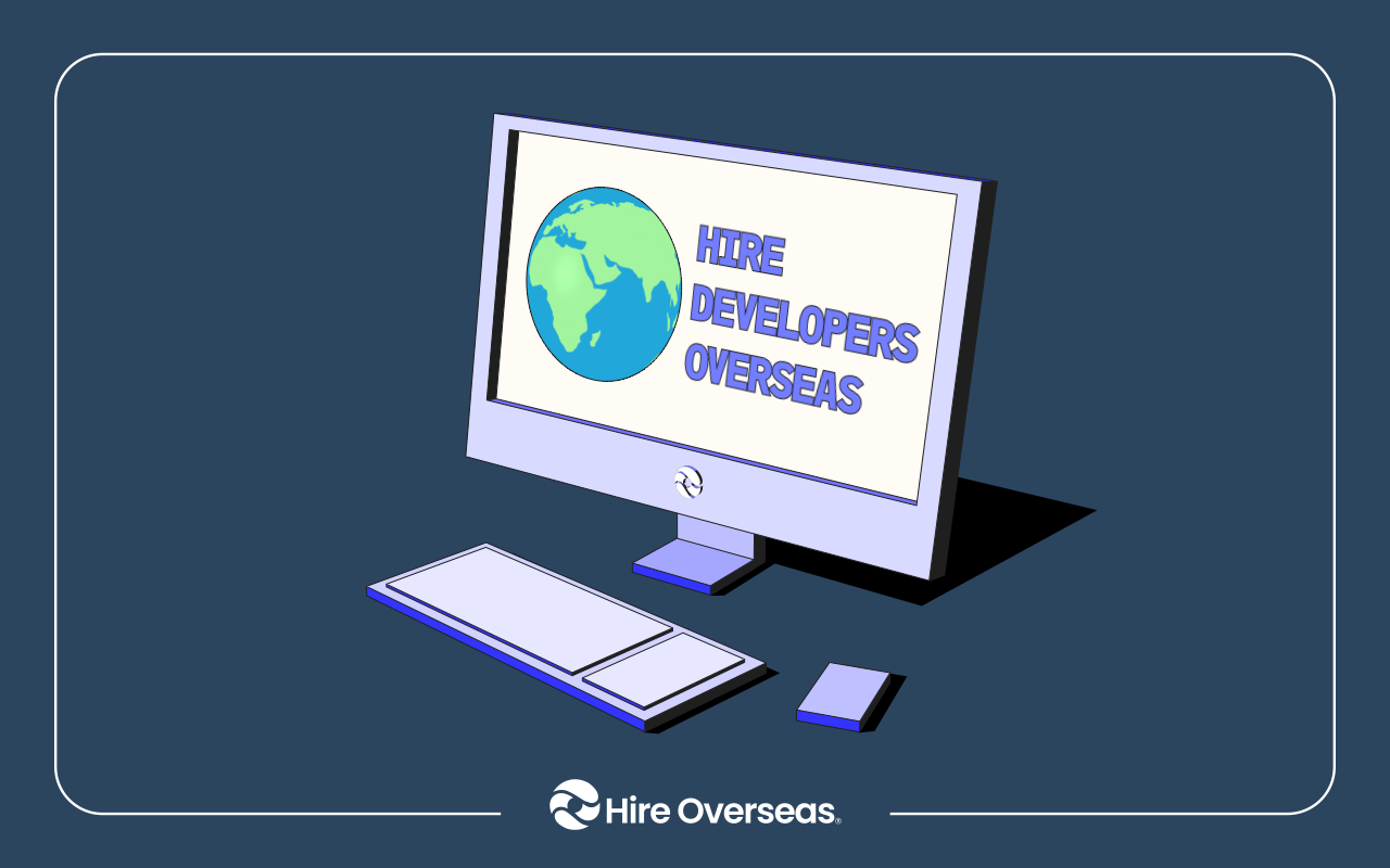 Desktop computer screen showing a globe and the words Hire Developers Overseas