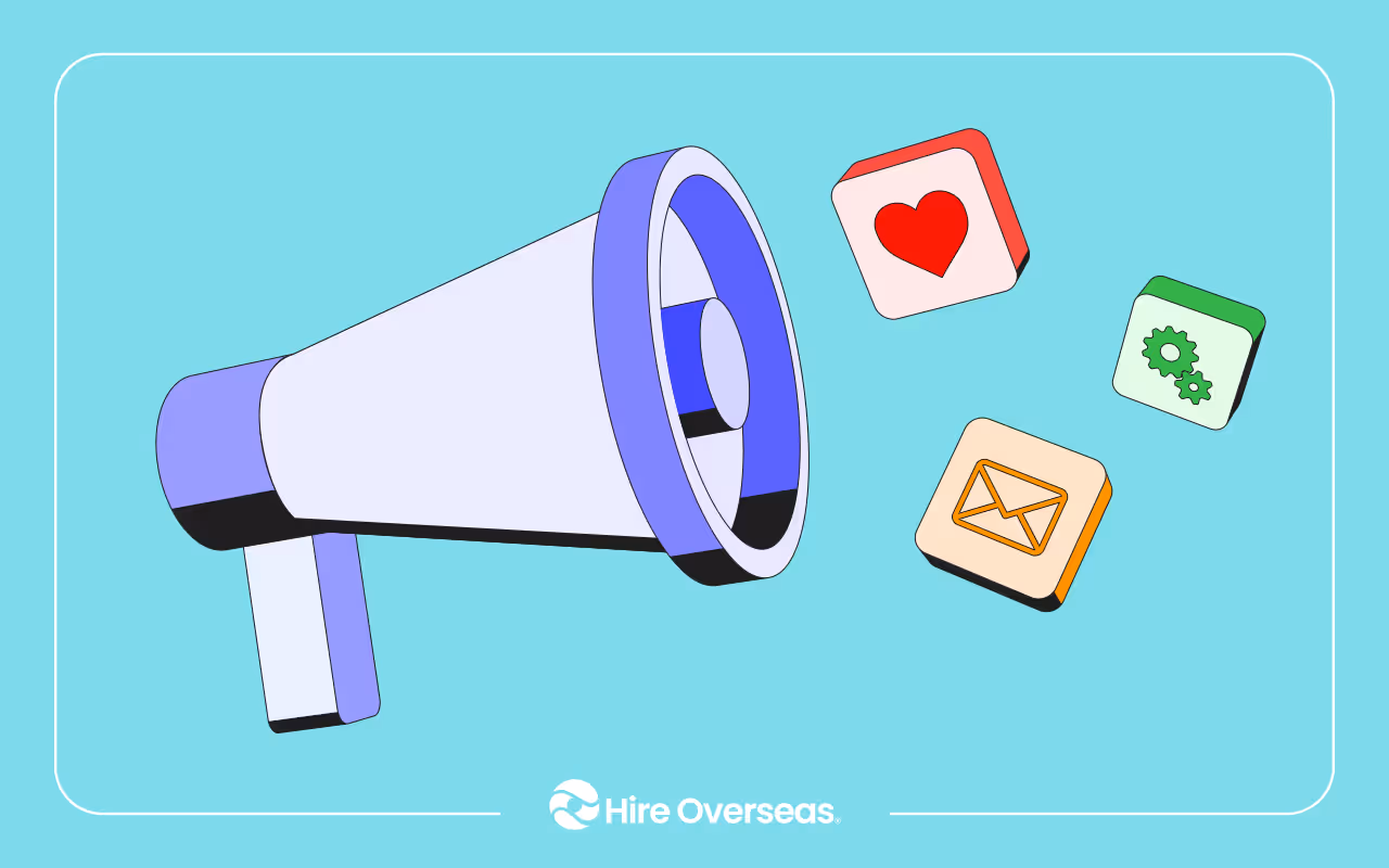 Megaphone emitting heart, gear, and email icons, representing marketing outreach