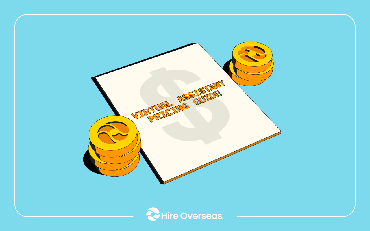 Document titled Virtual Assistant Pricing Guide flanked by stacks of gold coins