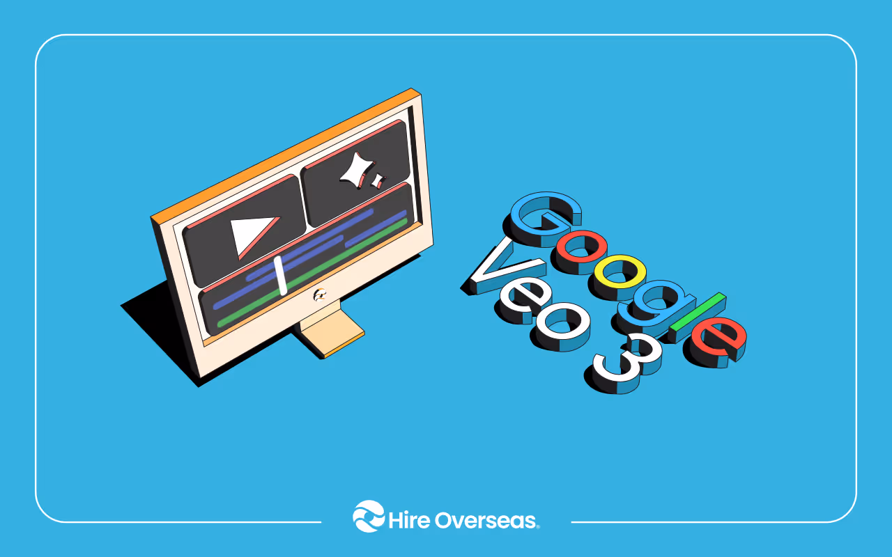 Monitor showing a video editing timeline beside the Google Veo 3 logo