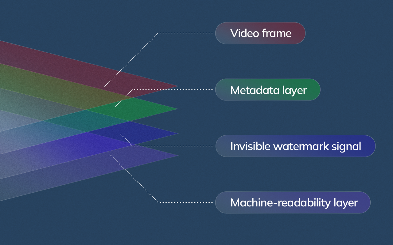 Diagram showing layers of a video frame, metadata, and embedded machine-readable watermark.