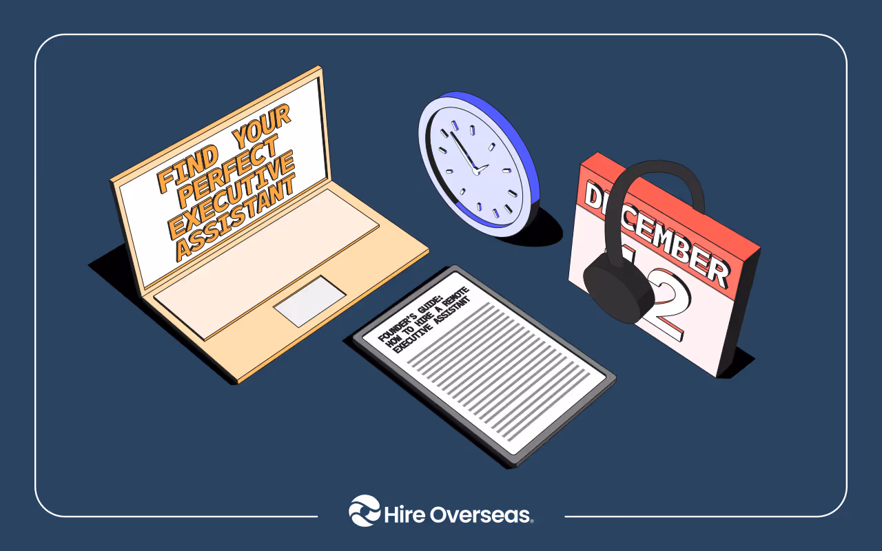 Laptop reading Find Your Perfect Executive Assistant with a clock, checklist, calendar, and headset