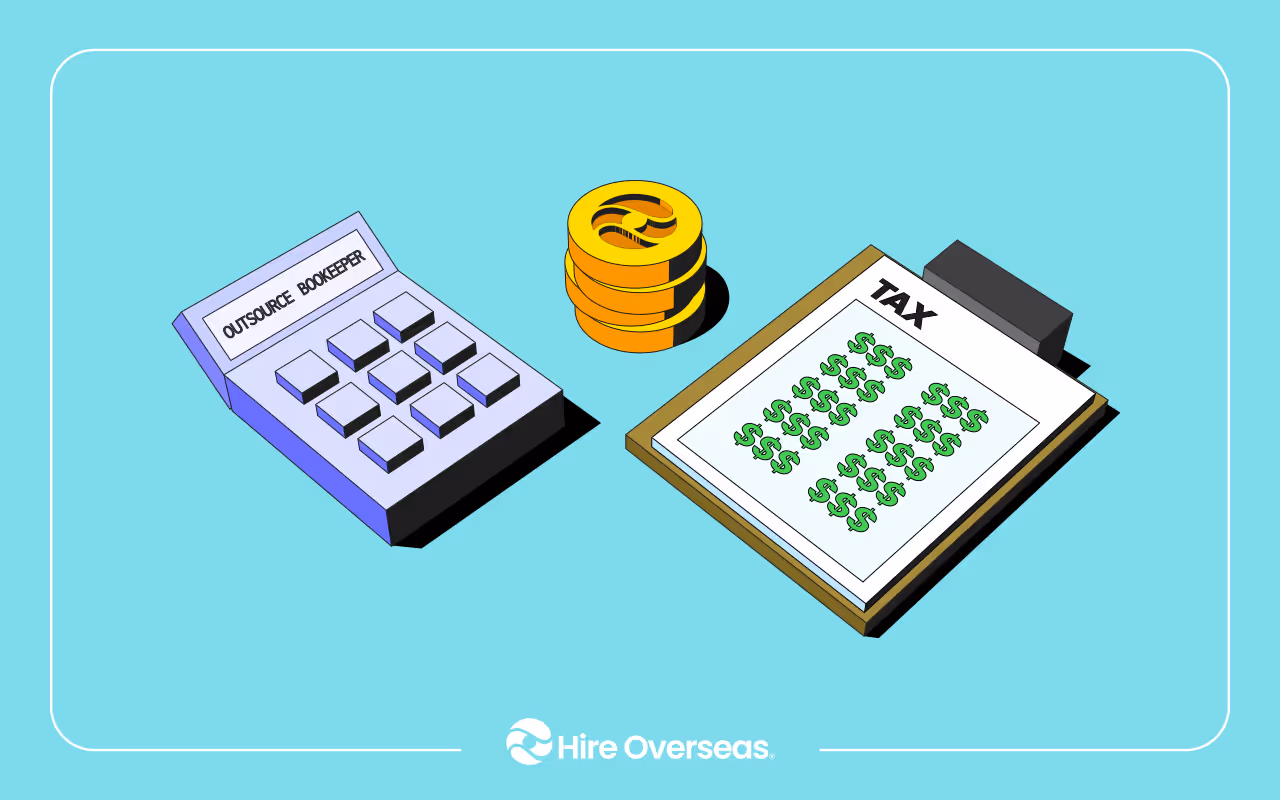 Illustration of a calculator labeled "Outsource Bookkeeper," a stack of coins, and a tax form, representing bookkeeping, cost savings, and tax management, with the Hire Overseas logo at the bottom.