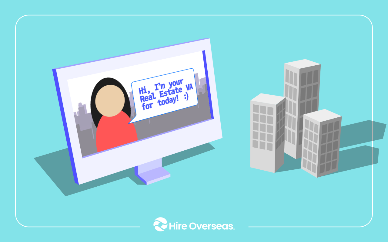 Monitor showing a real estate virtual assistant greeting on a video call beside city buildings