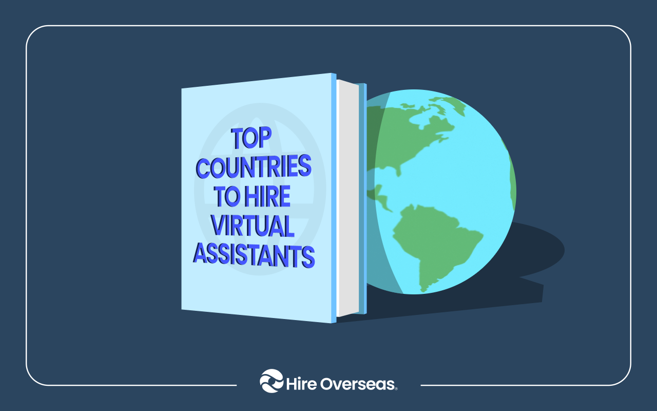 Illustrated book titled Top Countries to Hire Virtual Assistants beside a globe