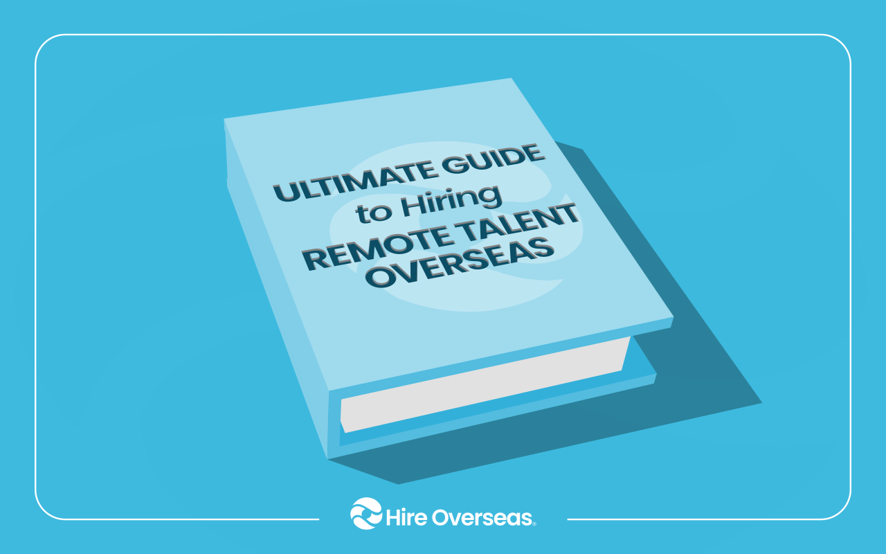 Illustrated book cover titled Ultimate Guide to Hiring Remote Talent Overseas