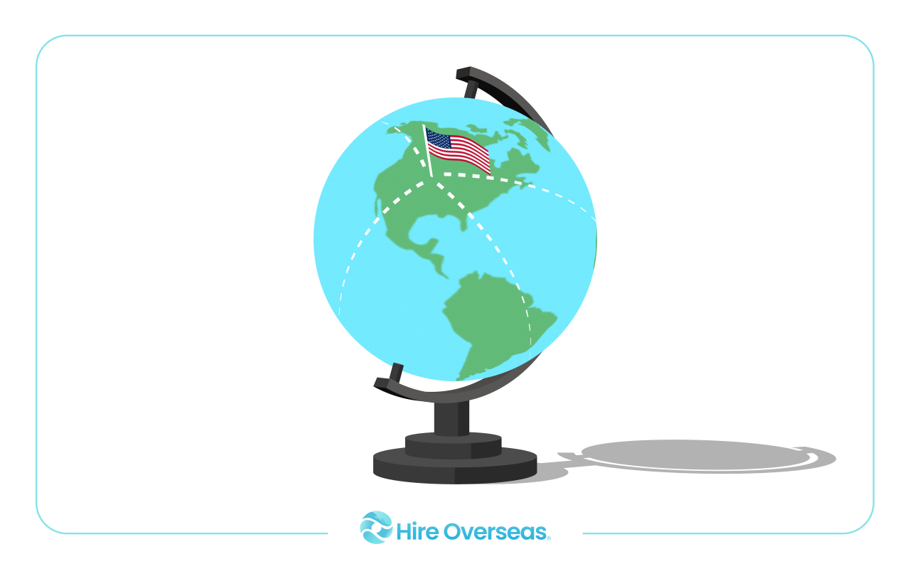Desk globe with a U.S. flag on North America and dashed routes to other regions