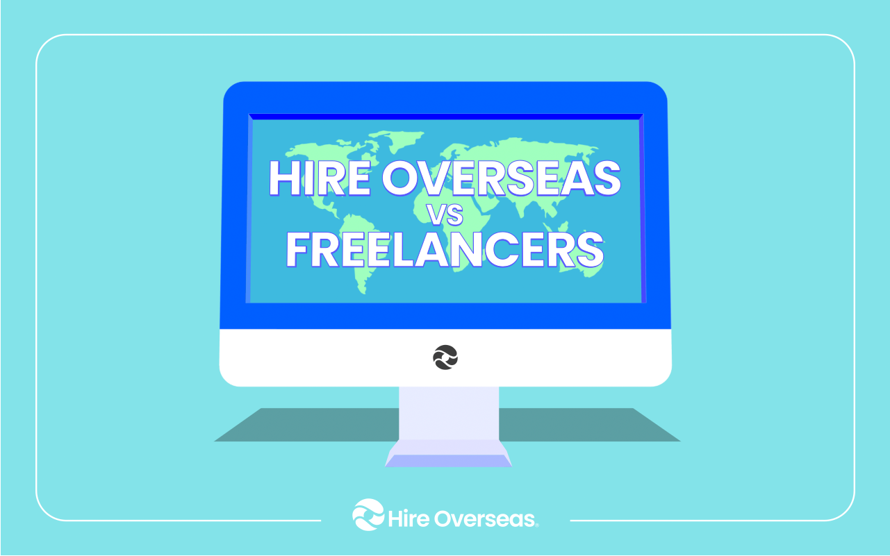 Desktop monitor showing a world map with the title Hire Overseas vs Freelancers