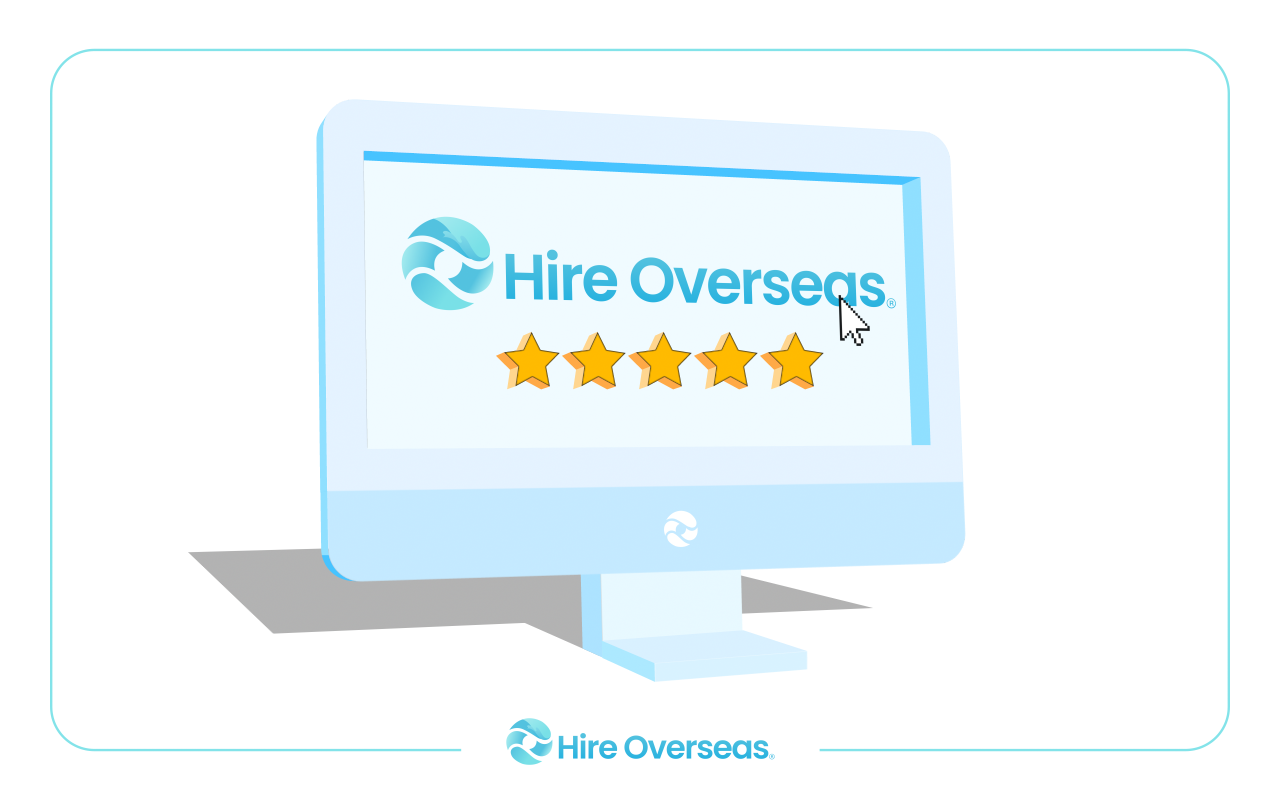 Illustrated computer screen displaying the Hire Overseas logo with a five-star rating, representing a positive review or high customer satisfaction.