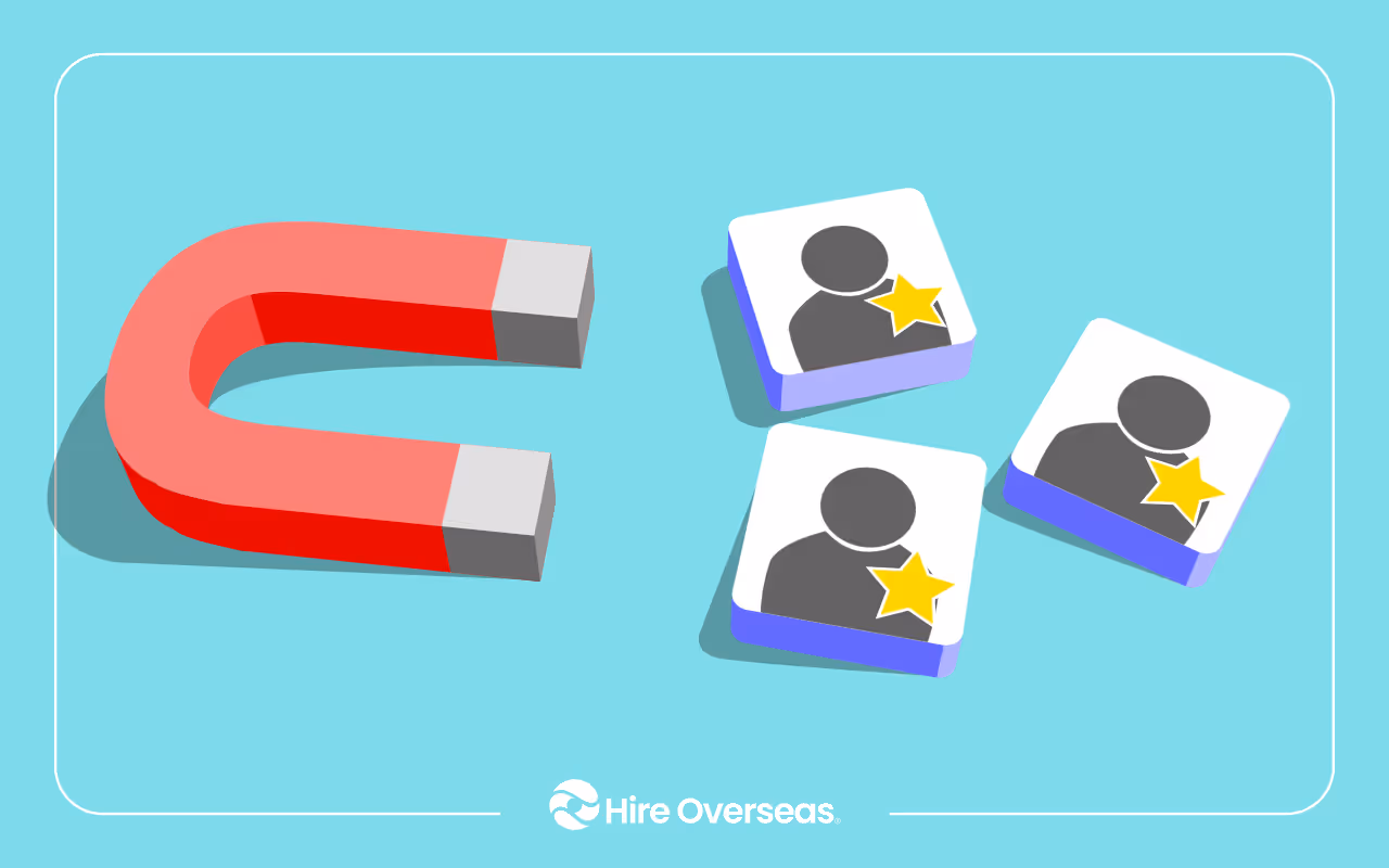 Illustration of a red horseshoe magnet attracting three profile cards with star badges, symbolizing attracting and retaining top talent.