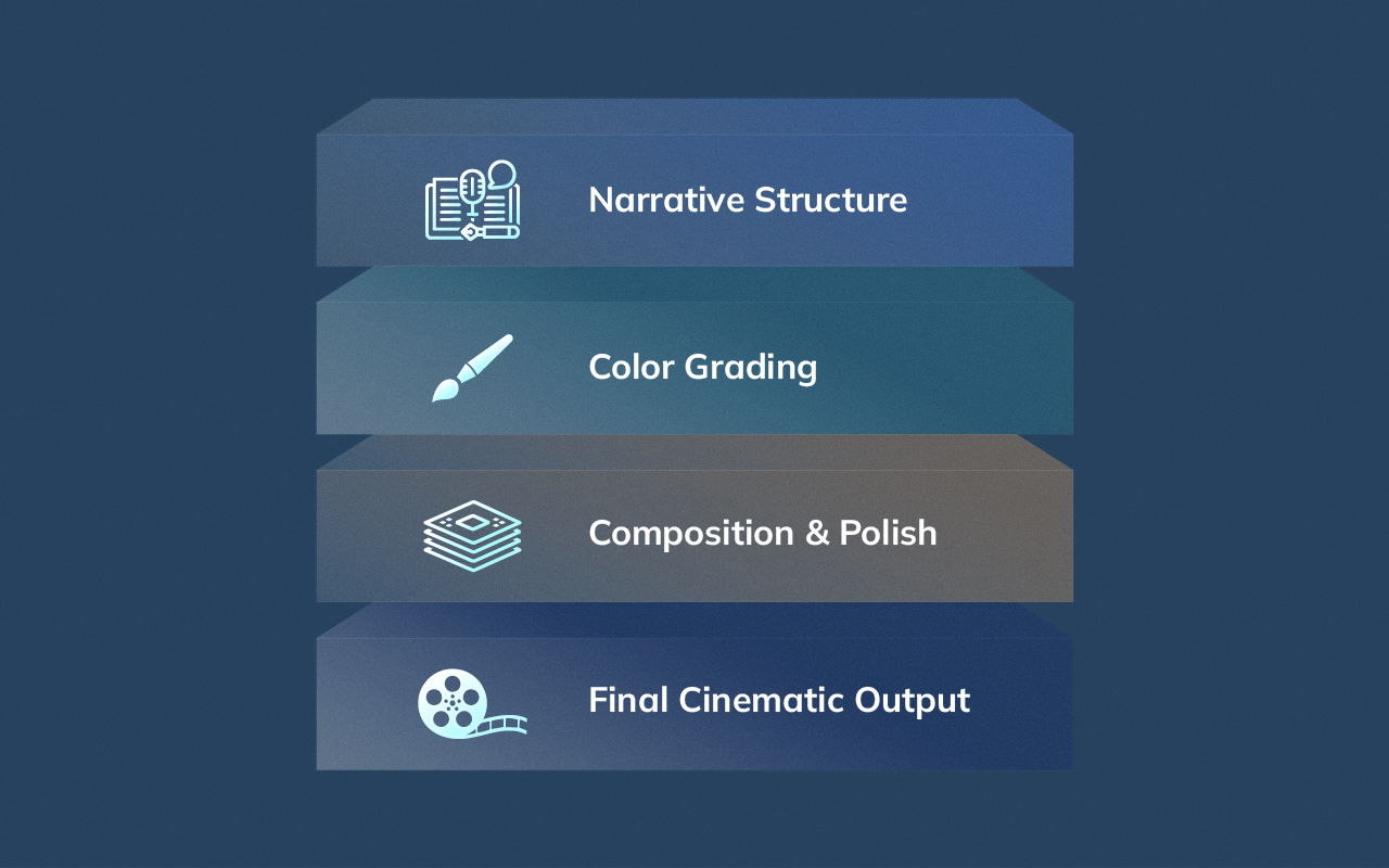 Vertical diagram illustrating a craft-first video editing approach with emphasis on narrative, color grading, and cinematic polish.