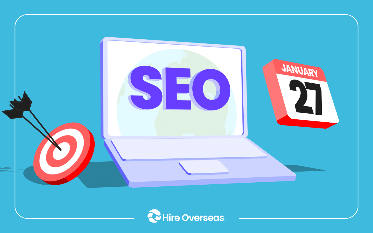 Illustration of a laptop displaying the word “SEO” over a globe, with a target and arrows on the left and a calendar on the right, representing goal-driven SEO planning and scheduling.