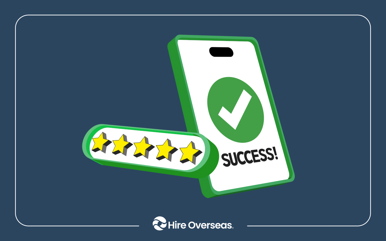 Illustration of a smartphone with a green checkmark and the word “SUCCESS!” alongside a five-star rating bar, representing customer success performance. Hire Overseas logo appears at the bottom.