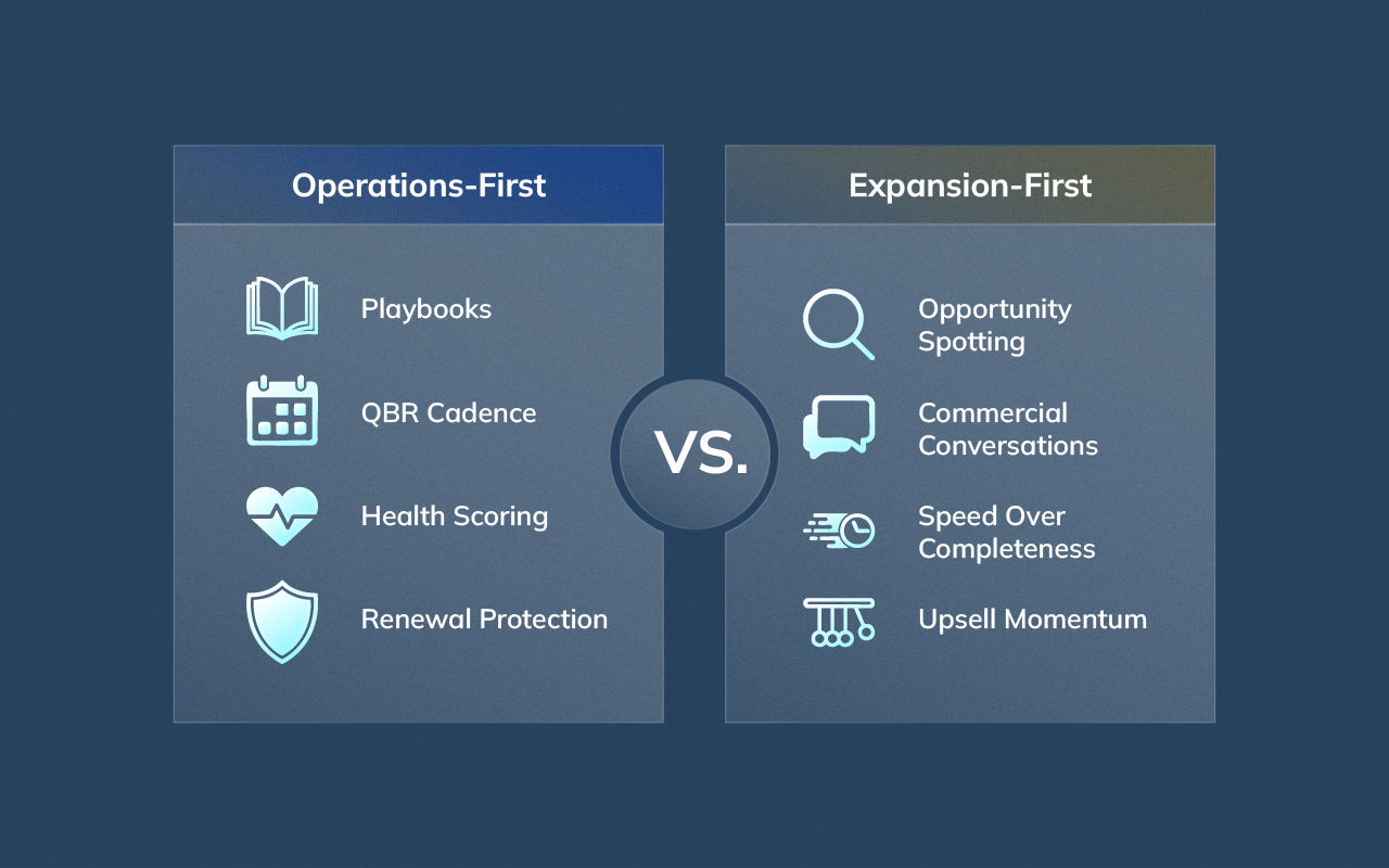 Comparison graphic showing differences between operations-first and expansion-first customer success models.