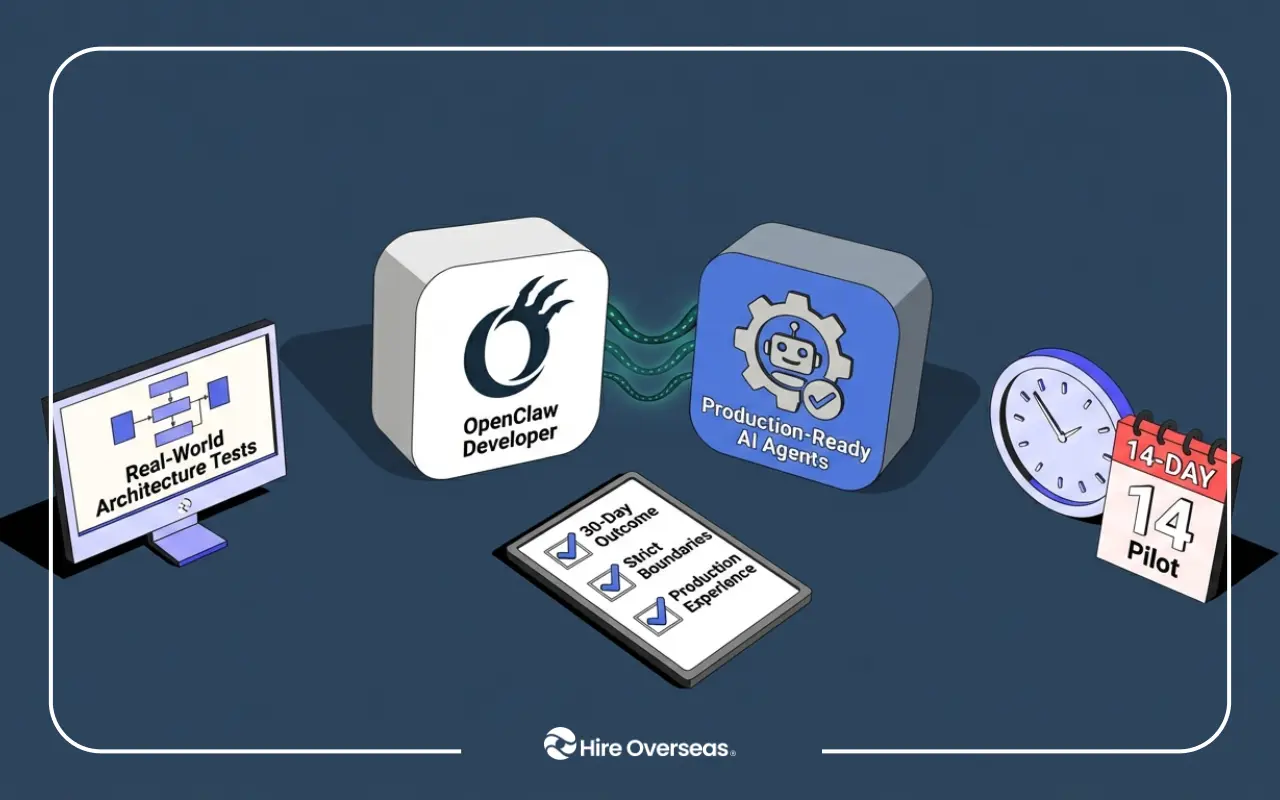 Illustration showing how to hire an OpenClaw developer for production-ready AI agents, featuring real-world architecture tests, 30-day outcome checklist, and 14-day pilot framework.