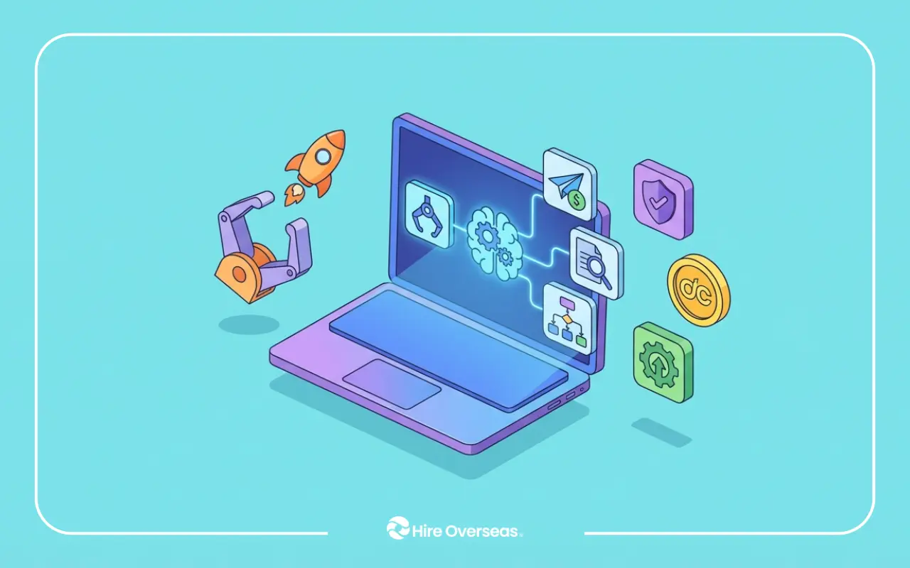 illustration of a laptop displaying an AI brain with connected automation icons, surrounded by a robotic claw arm and startup growth symbols, representing a remote OpenClaw developer building production-ready AI agents for startups