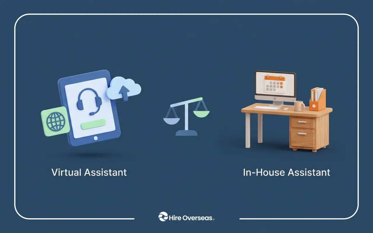Virtual assistant vs in-house assistant comparison showing remote support tools and office workspace setup.