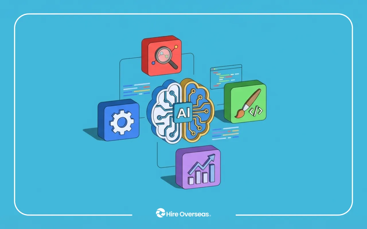 Illustration of AI tools for business including search, automation, coding, and analytics surrounding a central AI brain concept.