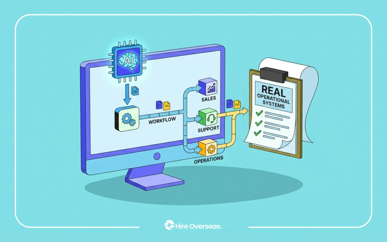 Illustration of AI implementation in a startup showing AI-powered workflow automation connecting sales, support, and operations into real business systems.