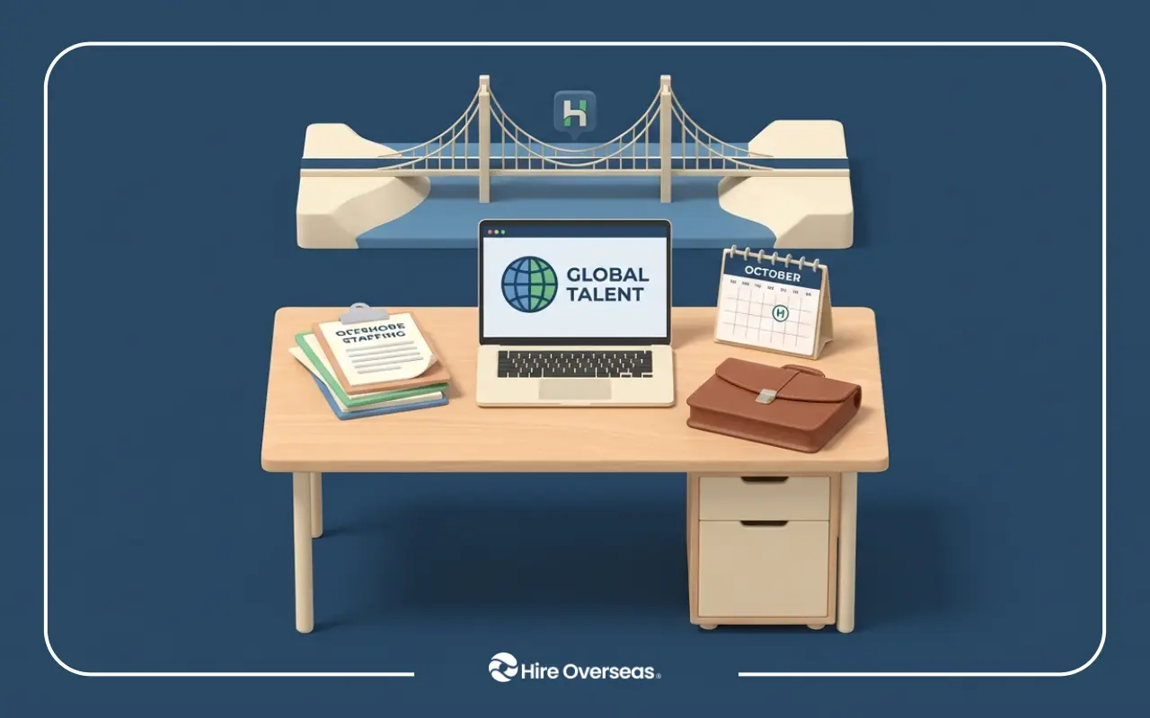 Desk with laptop reading Global Talent, briefcase and calendar in front of a bridge