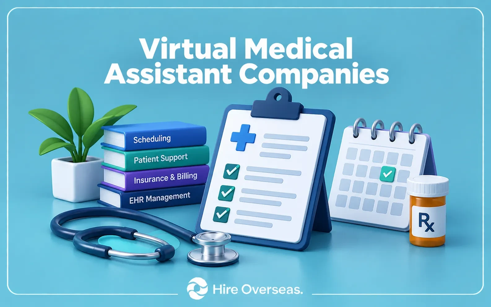 3D Hire Overseas illustration titled “Virtual Medical Assistant Companies,” featuring healthcare workflow books for scheduling, patient support, insurance and billing, and EHR management, alongside a medical checklist, appointment calendar, prescription bottle, and stethoscope, with the Hire Overseas logo at the bottom.