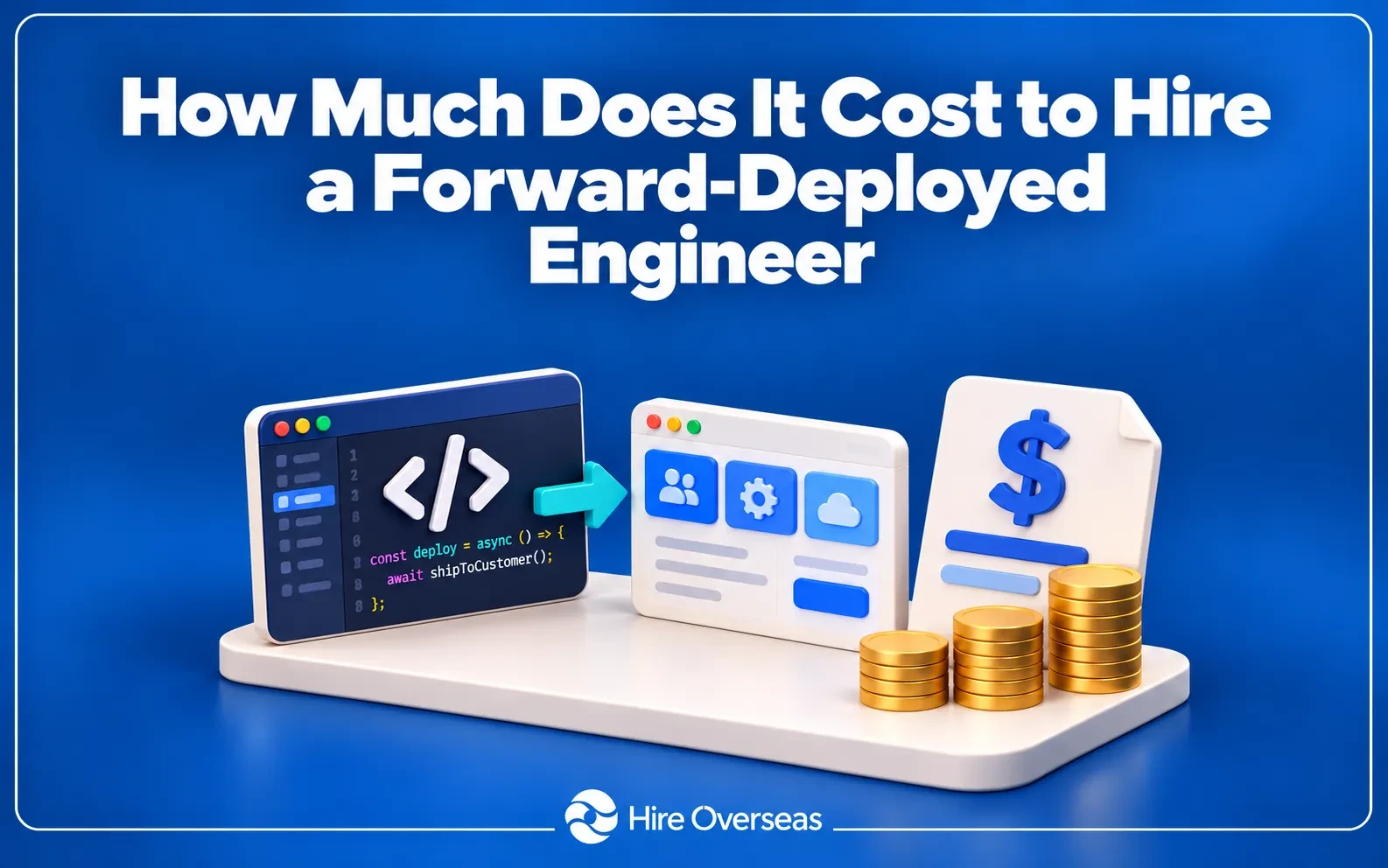 3D Hire Overseas illustration titled “How Much Does It Cost to Hire a Forward-Deployed Engineer,” featuring a code editor, deployment arrow, customer application interface, salary document, and gold coins on a deep blue background, with the Hire Overseas logo at the bottom.